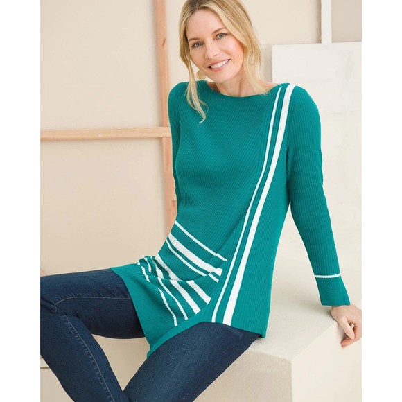 Chico's Sweaters - Chico's Asymmetrical Stripe Tunic Sweater 1P Bright Jade